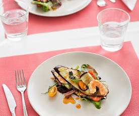 Lasaña de berenjena y marisco con vinagreta de langostinos para dos