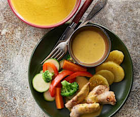 Menü mit Gemüsevelouté, Hühnchen mit Senfsauce und gedämpftem Gemüse