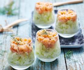 Verrines saumon, crevettes, avocat et fromage frais au Thermomix