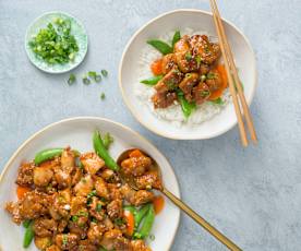 Pollo in salsa di sesamo, riso e verdure