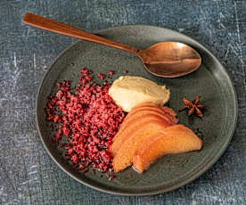 Quince, burnt tahini custard with blackberry vinegar snow (Ray Capaldi)