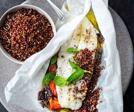 Papillotes de merlan, quinoa et tapenade