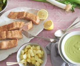 Menú: crema de guisantes y salmón con brócoli y patatas