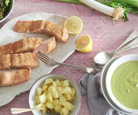 Menú: Crema de guisantes. Salmón con brócoli y patatas