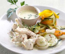 Dinner for 2 - Creamy Vegetable Soup, Steamed Chicken with Vegetable Tagliatelle and Mustard Sauce