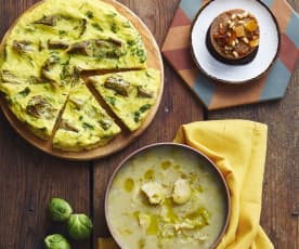 Zuppa di cavoletti di Bruxelles, Frittata di carciofi e Mini castagnaccio con salsa al cioccolato (Bimby Friend)