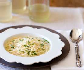 Traditional chicken broth with angel hair pasta