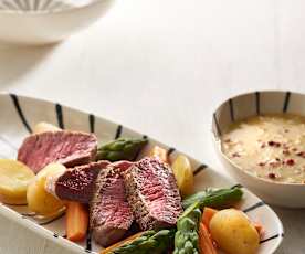 Lamb loin with pink peppercorn sauce