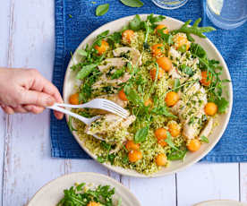 Salade de boulgour, melon et poulet au pesto de basilic