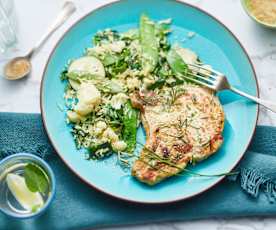 Porc mariné, riz sauté et légumes croquants