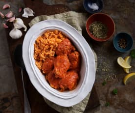 Contramuslos de pollo en salsa de pimiento rojo con arroz (Cocción lenta)