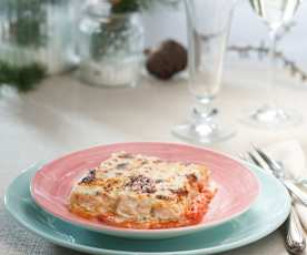 Canelones de pescado y marisco con bechamel trufada