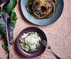 Polvo no forno com risoto de grelos