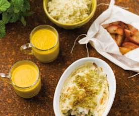 Gratinado de frango, Creme de legumes e Papelotes de fruta