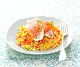 Couscous van zeebarbeel met paprika