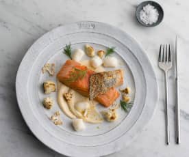 Confit salmon, Parmesan gnocchi with cauliflower cream