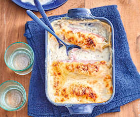 Endives au jambon gratinées, béchamel à la farine de sarrasin