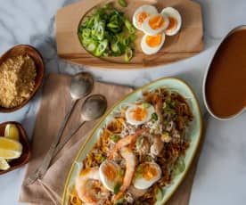 Pancit Palabok (rice noodles with chicken ragout and shrimp)
