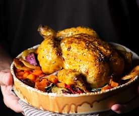 Poulet rôti au cidre et légumes vapeur