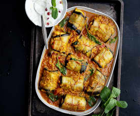 Aubergine Paneer Rolls with Red Lentils and Mint Yoghurt
