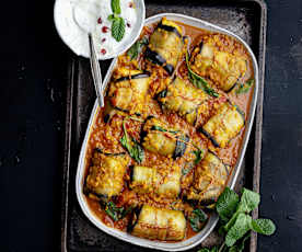 Aubergine Paneer Rolls with Red Lentils and Mint Yoghurt