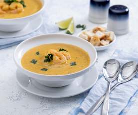 Crema de gambas, batata y coco