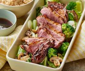 Five-spice Duck with Mushrooms, Asian Vegetables and Rice