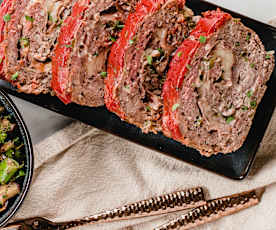 Cheesy Stuffed Meatloaf with Broccolini and Eggplant