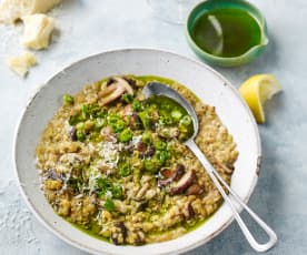 Mushroom freekeh risotto with spring onion oil