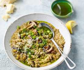 Mushroom freekeh risotto with spring onion oil