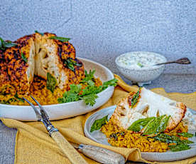 Tandoori Cauliflower with red lentil dahl and raita