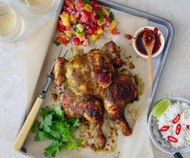 Butterflied chicken with chilli oil and pineapple salsa (Darren Robertson)