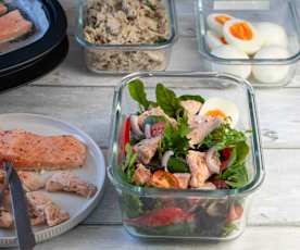 Prep-ahead layered chicken, eggs and salmon