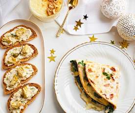 Menù: Tartine con mousse ai carciofi, crêpes cavolo nero e Gorgonzola, crema al cioccolato bianco con nocciole e amaretti (Bimby Friend)