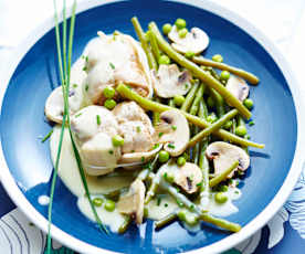 Paupiettes de veau en sauce, champignons et légumes