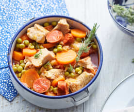 Sauté de veau carottes, chorizo et petits pois