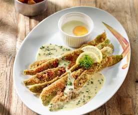 Bohnenschnitzel mit Schnittlauchsauce und Ei aus dem Töpfchen