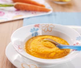 Presto gli alimenti di svezzamento per neonati baby riso purea di mela  broccoli carota sulla plastica cucchiaini per lo svezzamento Foto stock -  Alamy