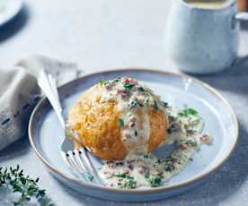 Kräuter-Tomaten-Knödel mit Gorgonzola-Speck-Sauce