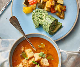 Bread and tomato soup, rolled spinach omelette and steamed ratatouille vegetables