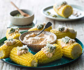 Steamed Corn with Chipotle Mayonnaise and Cilantro Salsa