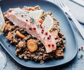 Pavé de saumon sur lit de carottes et lentilles