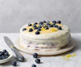 Gâteau vapeur citron et myrtilles, glaçage au cream cheese et lemon curd