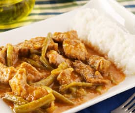 Judías verdes al curry con ternera y arroz blanco