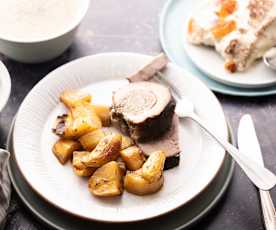 Supă de ciuperci și cartofi, vițel umplut, cu cartofi și legume la cuptor, tiramisu cu mandarine