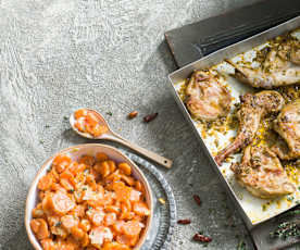 Conejo asado al chimichurri con guarnición de zanahorias