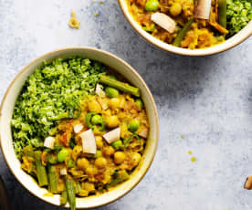 Curry de coco y garbanzos con arroz de brócoli