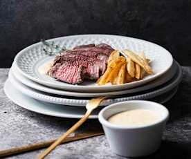 Sous-vide rare beef steak with béarnaise sauce