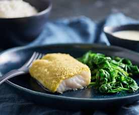 Bacalhau com crosta de ervas, arroz e molho de limão