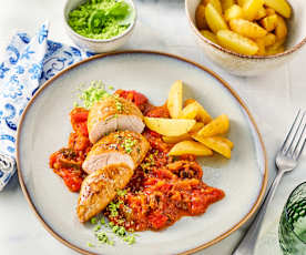 Piersi z indyka (sous-vide, z osłoną noża miksującego) z ratatouille i ziemniakami